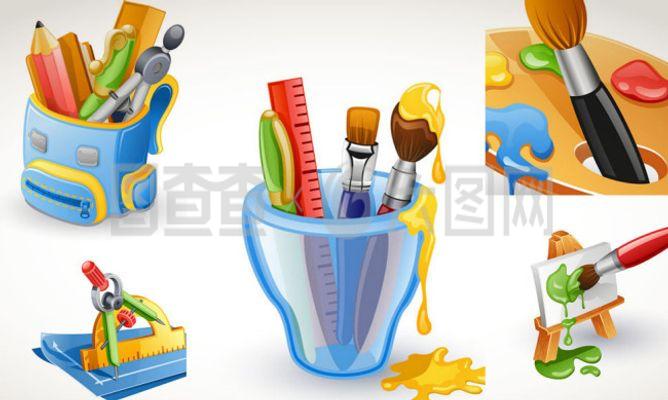 書包調色盤等學生卡通用品矢量素材